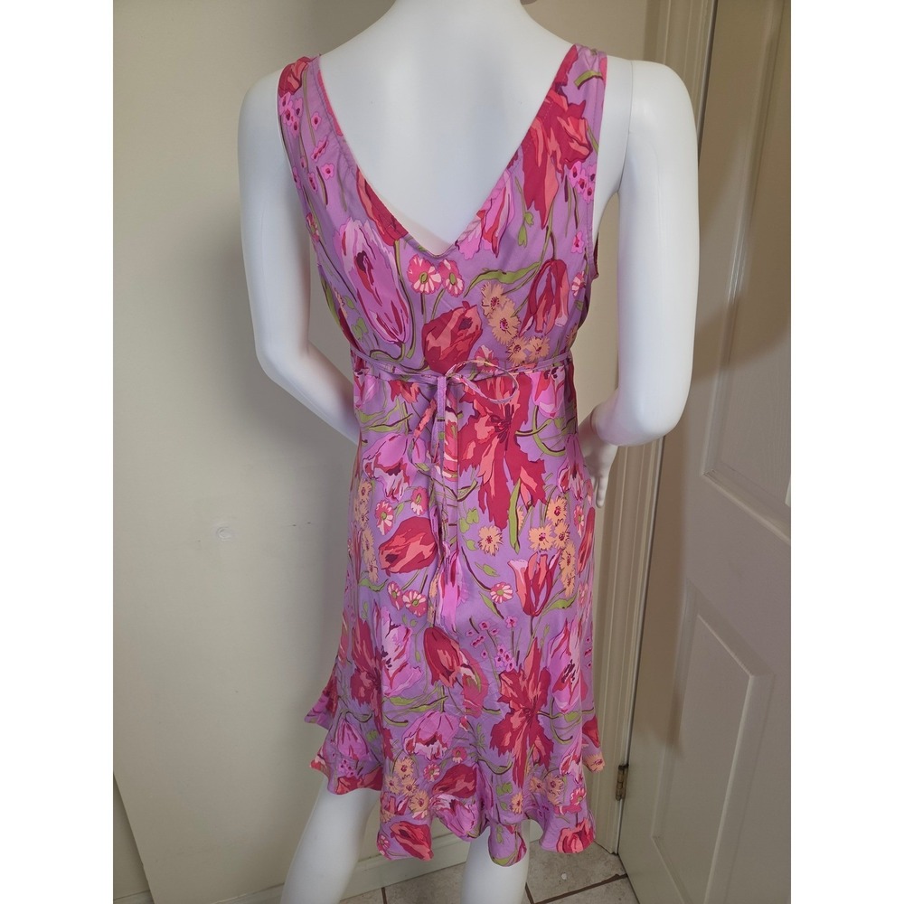 Betsey Johnson Vintage Y2K Pink Floral Silk Slip Dress Ruffle Hem Petite L - Picture 7 of 14